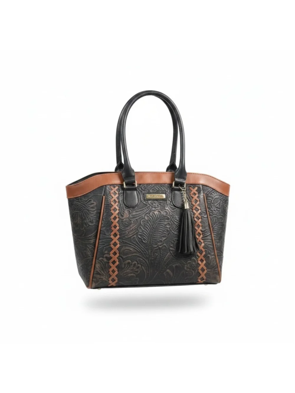 Black Brown Cross Stitch Embossed Tooled Artisan LEATHER Shoulder Bag Purse